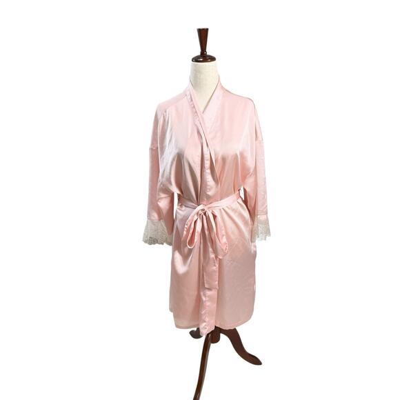Vtg Halston Blush Pink Robe White Lace Trim Coquette Satin Boudoir Lingerie L/XL - Picture 5 of 7